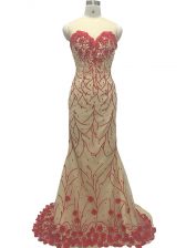  Champagne Sleeveless Brush Train Hand Made Flower Prom Evening Gown