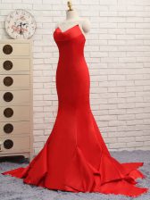 High End Sleeveless Ruching Zipper Prom Party Dress with Red Brush Train