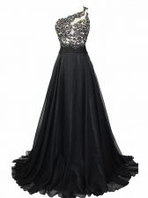 Inexpensive Black A-line Chiffon One Shoulder Sleeveless Beading and Lace Side Zipper Evening Dress Brush Train