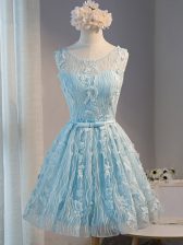  Scoop Sleeveless Dress for Prom Mini Length Lace and Appliques Light Blue Tulle