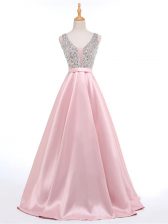  Baby Pink Sleeveless Elastic Woven Satin Brush Train Backless for Prom and Military Ball