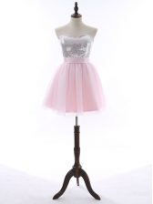  Baby Pink A-line Sweetheart Sleeveless Tulle and Sequined Mini Length Zipper Sequins and Bowknot Prom Dress