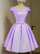 Dazzling Lavender Cap Sleeves Knee Length Belt Lace Up Quinceanera Dama Dress