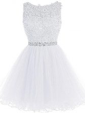  White Tulle Zipper Prom Gown Sleeveless Mini Length Beading and Lace and Appliques