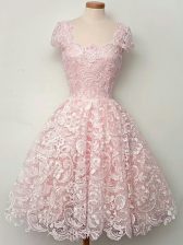 Affordable A-line Quinceanera Court Dresses Baby Pink Straps Lace Cap Sleeves Knee Length Lace Up