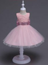 Perfect Sleeveless Knee Length Lace and Bowknot Zipper Custom Made with Baby Pink