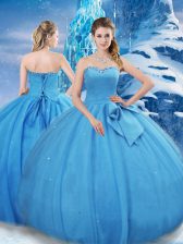 On Sale Baby Blue Sleeveless Tulle Lace Up Quince Ball Gowns for Military Ball and Sweet 16 and Quinceanera