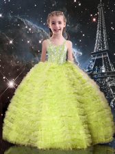 Custom Fit Yellow Green Tulle Lace Up Little Girls Pageant Gowns Sleeveless Floor Length Beading and Ruffled Layers
