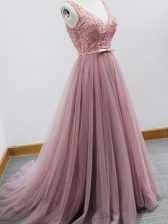  Zipper Court Dresses for Sweet 16 Pink for Prom and Party and Wedding Party with Beading and Belt Brush Train