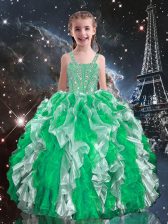 Classical Straps Sleeveless Teens Party Dress Floor Length Beading and Ruffles Green Organza