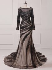 Fantastic Black Long Sleeves Brush Train Lace and Appliques Evening Dress