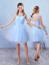  Blue Sleeveless Knee Length Ruching and Belt Lace Up Quinceanera Court of Honor Dress