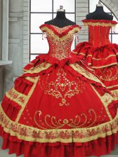 Fashion Red Ball Gowns Off The Shoulder Cap Sleeves Satin and Taffeta Floor Length Zipper Beading and Embroidery and Ruffled Layers 15th Birthday Dress