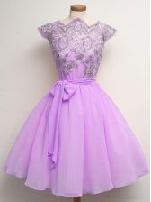  Cap Sleeves Knee Length Lace and Belt Lace Up Quinceanera Dama Dress with Lilac