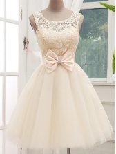 Discount Champagne A-line Lace and Bowknot Quinceanera Dama Dress Lace Up Tulle Sleeveless Knee Length