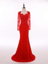 Customized Red Ball Gowns Lace and Appliques Homecoming Dress Zipper Chiffon Long Sleeves Floor Length