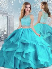 New Arrival Ball Gowns Quinceanera Gown Aqua Blue Scoop Tulle Sleeveless Floor Length Clasp Handle