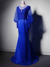  Scoop Long Sleeves Prom Evening Gown Brush Train Beading and Lace and Appliques Royal Blue Elastic Woven Satin