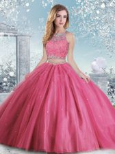 Fantastic Hot Pink Quinceanera Dresses Military Ball and Sweet 16 and Quinceanera with Beading and Sequins Scoop Sleeveless Clasp Handle