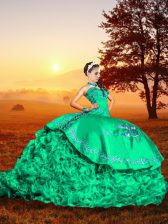 Customized Turquoise Lace Up Sweetheart Embroidery and Ruffles Sweet 16 Quinceanera Dress Organza Sleeveless Brush Train