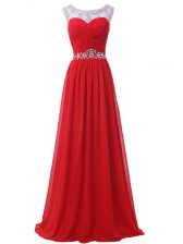  Red Empire Scoop Sleeveless Chiffon Floor Length Backless Beading and Ruching Homecoming Dress