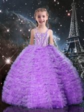  Floor Length Eggplant Purple Pageant Gowns For Girls Tulle Sleeveless Beading and Ruffles and Ruffled Layers