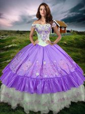 Modest Lavender Sleeveless Beading and Embroidery and Ruffled Layers Floor Length Quinceanera Dress