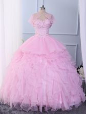 Exceptional Organza Sweetheart Sleeveless Lace Up Beading and Ruffles Vestidos de Quinceanera in Pink 