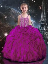  Fuchsia Lace Up Straps Beading and Ruffles Kids Pageant Dress Organza Short Sleeves
