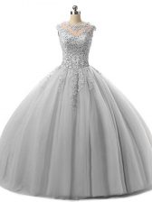  Sleeveless Floor Length Beading and Lace Lace Up Quinceanera Gowns with Grey