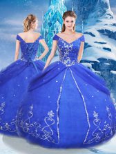Fashion Blue Ball Gowns Appliques Sweet 16 Dresses Lace Up Tulle Short Sleeves Floor Length