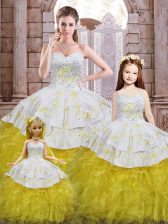 Affordable Yellow And White Sweetheart Lace Up Beading and Appliques and Ruffles Quinceanera Dresses Sleeveless