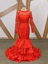  Red Backless Scoop Lace and Appliques Prom Party Dress Taffeta Long Sleeves