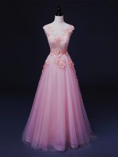 Elegant Baby Pink Straps Neckline Appliques Prom Dresses Sleeveless Lace Up