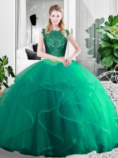 Comfortable Turquoise Tulle Zipper Scoop Sleeveless Floor Length Quinceanera Gowns Lace and Ruffles