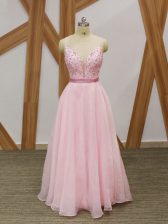 Captivating Beading and Embroidery Prom Evening Gown Baby Pink Zipper Sleeveless Floor Length