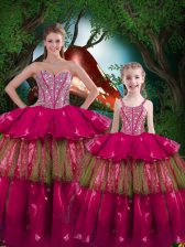 Luxurious Fuchsia Sweetheart Neckline Beading and Ruffled Layers Ball Gown Prom Dress Sleeveless Lace Up