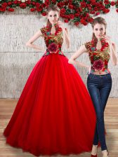 Nice Red Lace Up High-neck Appliques Quinceanera Dresses Organza Sleeveless