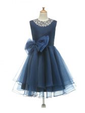 Shining Knee Length Navy Blue Flower Girl Dress Scoop Sleeveless Zipper