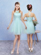 New Style Sleeveless Mini Length Lace Lace Up Damas Dress with Aqua Blue