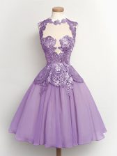 Deluxe Knee Length Lace Up Dama Dress for Quinceanera Lavender for Prom and Party and Wedding Party with Lace