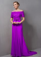 Romantic Purple Prom Party Dress Chiffon Sweep Train Short Sleeves Lace