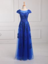  Floor Length Royal Blue Scoop Short Sleeves Lace Up