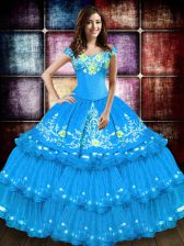  Off The Shoulder Sleeveless 15 Quinceanera Dress Floor Length Embroidery and Ruffled Layers Baby Blue Taffeta