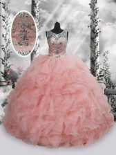 Edgy Baby Pink Organza Lace Up Scoop Sleeveless Floor Length Sweet 16 Dresses Beading and Ruffles