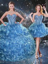  Baby Blue Three Pieces Beading and Ruffles Quinceanera Dress Lace Up Organza Sleeveless Floor Length