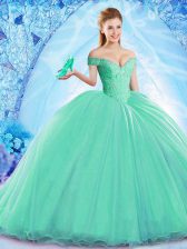 Exquisite Sleeveless Beading Lace Up Quinceanera Dresses with Turquoise Brush Train