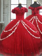  Wine Red Ball Gowns Off The Shoulder Sleeveless Tulle Brush Train Lace Up Appliques and Pick Ups Quinceanera Gowns