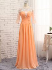 Excellent Orange Long Sleeves Lace and Appliques and Ruching Floor Length Prom Party Dress