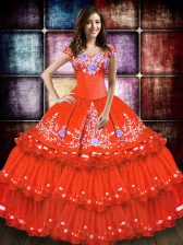  Sleeveless Floor Length Embroidery and Ruffled Layers Lace Up 15th Birthday Dress with Orange Red